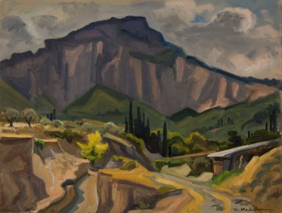 Derveni Area with Earth Mounds, Cypresses — Oil painting, Canvas, 50.00×65.00cm — Theodoros Markellos